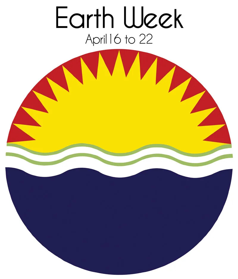 A circular logo is bisected by two green wavy lines. Below the lines is dark blue. Above the lines, a sunburst is yellow with red behind the rays.
