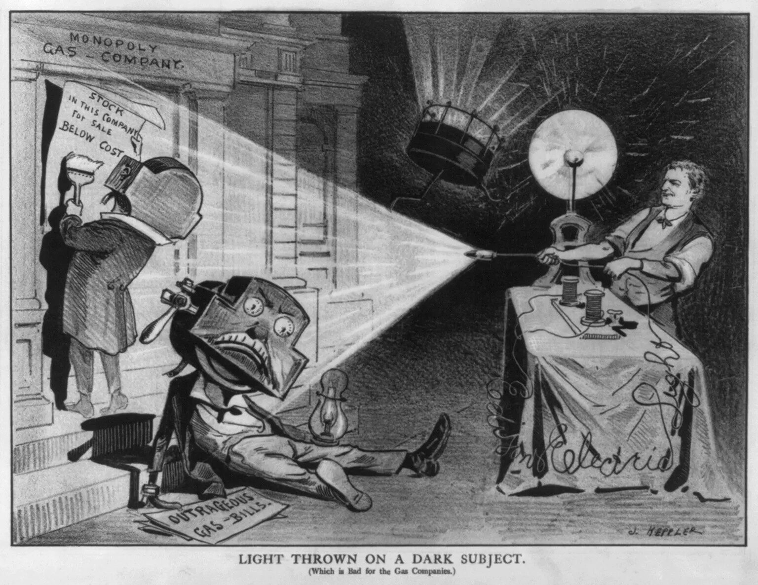 A hand drawn cartoon shows three figures. A man on the right is behind a table and is using wires and various kinds of bulbs. He shines a beam of light to the left side of the cartoon. The two left figures are men-like with gas meters for heads. The light shines on them both. One has fallen on the ground and has an oil lamp in one hand and a sign that reads "Outrageous Gas Bills" in the other. The other figure has his back to the light and is pasting a paper on a building labeled "Monopoly Gas Company." His paper reads "Stock in this company for sale below cost." The caption of the cartoon says "LIGHT THROWN ON A DARK SUBJECT (Which is bad for the gas companies)."