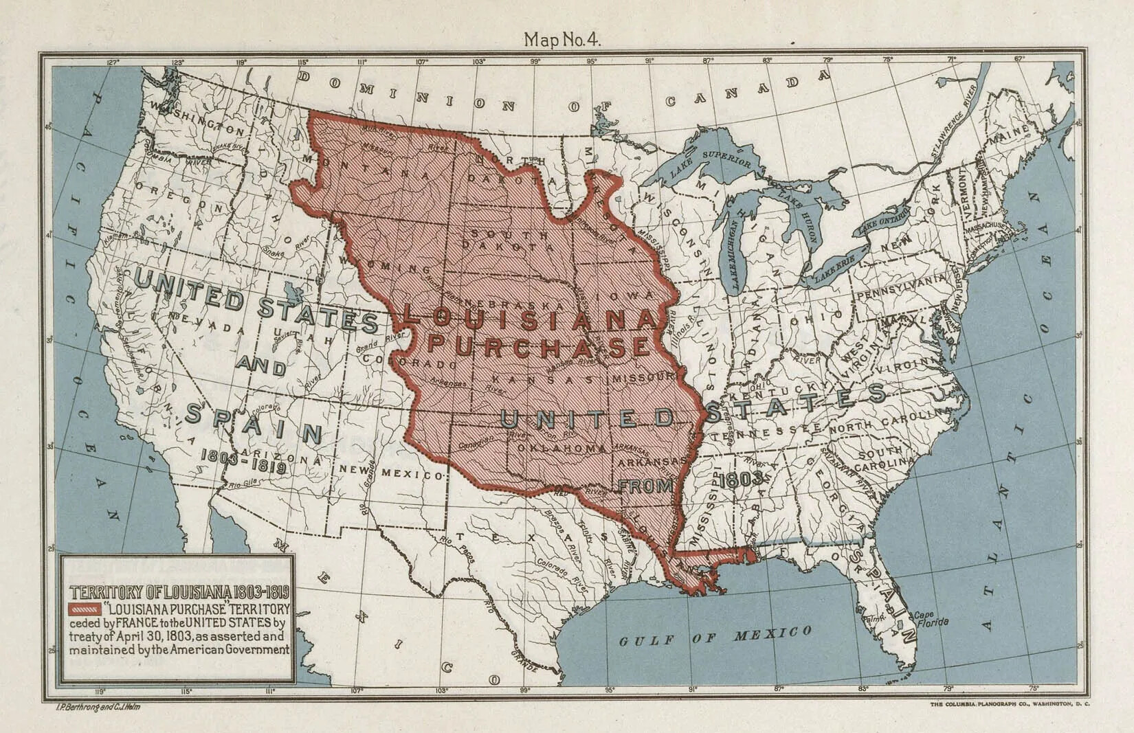 A historic map is shown of the United States and parts of Mexico and Canada. Bodies of water are blue and labeled, and rivers are shown as black lines. Major rivers are labeled. There are two layers of data. First, modern-day U.S. states are outlined in dotted black lines. Second, the  center third of the United States is colored red and labeled "Louisiana Purchase." The red area covers part or all of modern-day Montana, North Dakota, South Dakota, Wyoming, Minnesota, Nebraska, Iowa, Colorado, Kansas, Missouri, New Mexico, Oklahoma, Arkansas, Texas, and Louisiana. The Louisiana Purchase and U.S. to the east are together labeled "United States from 1803." West of the Louisiana Purchase is labeled "United States and Spain 1803 - 1819."