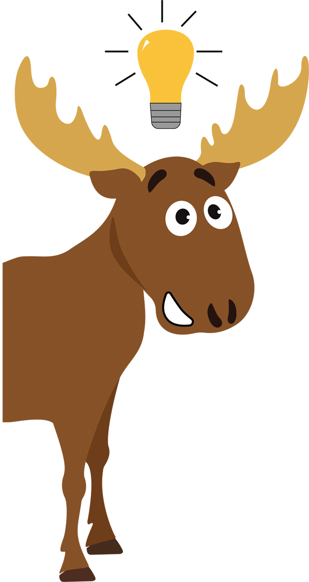 Moose smiling with a glowing light bulb above its head, symbolizing an idea.
