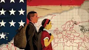 Two students with backpacks walking past a U.S. flag and a world map background.