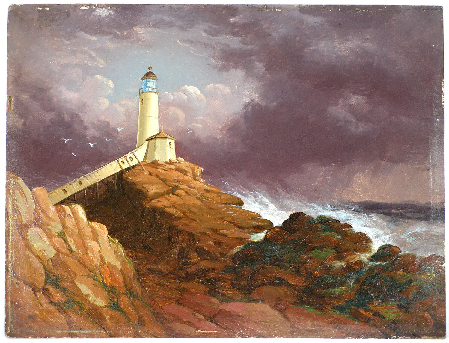 A colored painting of a lighthouse standing on top of tall and jagged rocks. Waves crash onto the rocks in the right-hand corner of the painting.