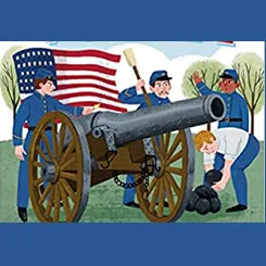 Cartoon of soldiers loading a cannon with the U.S. flag in the background.