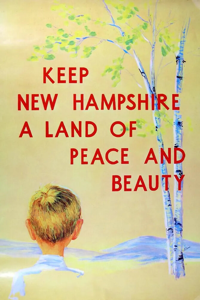 A colored vertical poster of a young boy, with his back to the viewer, looking at a white birch tree and a distant mountain region. Text in red ink overlaps this image, reading "KEEP/NEW HAMPSHIRE/A LAND OF/PEACE AND/BEAUTY."
