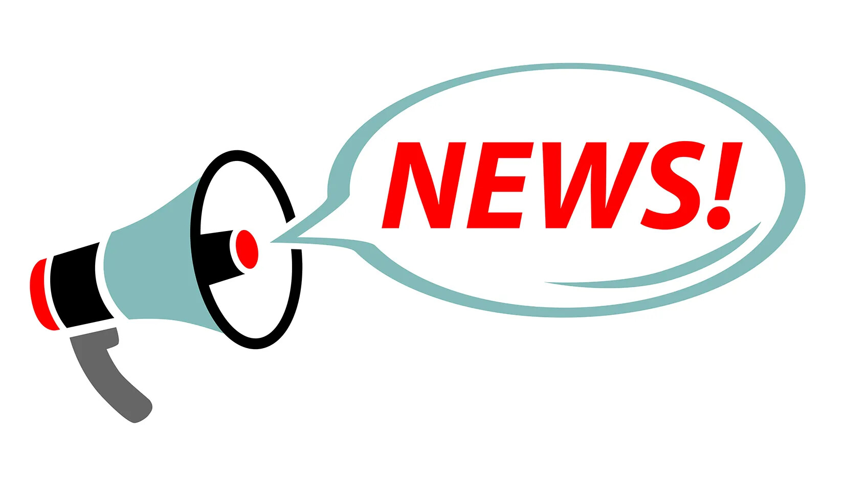 A colored cartoon drawing of a bull horn with a speech bubble coming out of it. The text in the speech bubble reads "NEWS!" in red ink.